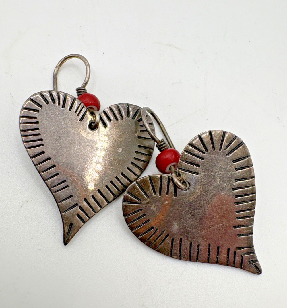 Taxco Mexico Heart 925 Silver Dangle Earrings Red Coral Bead Vintage 8.35g